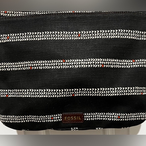 FOSSIL Fiona Crossbody Bag Black White Geometric Pattern Brown Leather Strap - Picture 11 of 15